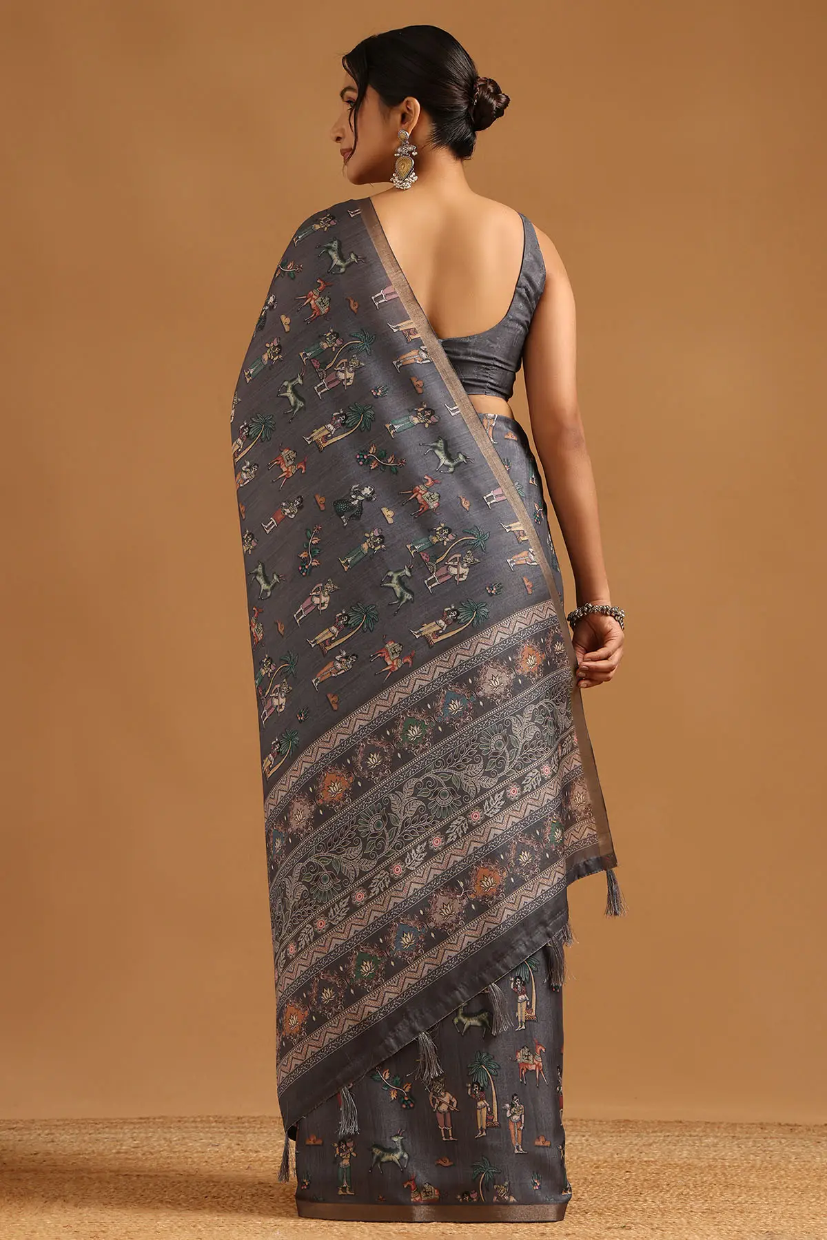 Grey Art Silk Madhubani Saree